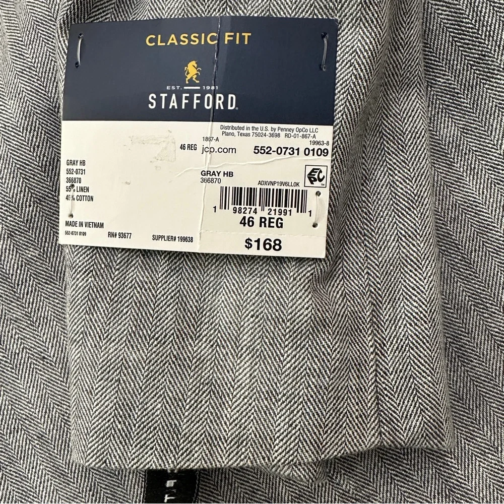 Stafford Linen Cotton Blend Classic Fit Suit Blazer Men’s Size 46 Reg Gray